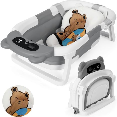 Randaco Baignoire bébé pliable avec support et tapis de bain, baignoire antidérapante pour nouveau-nés et tout-petits (Gris)