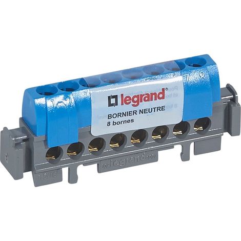 Legrand – Bornier de neutre 8 bornes pour câbles 1,5mm² à 16mm² – Capot de sécurité isolant – Fixation sur rail ou support universel