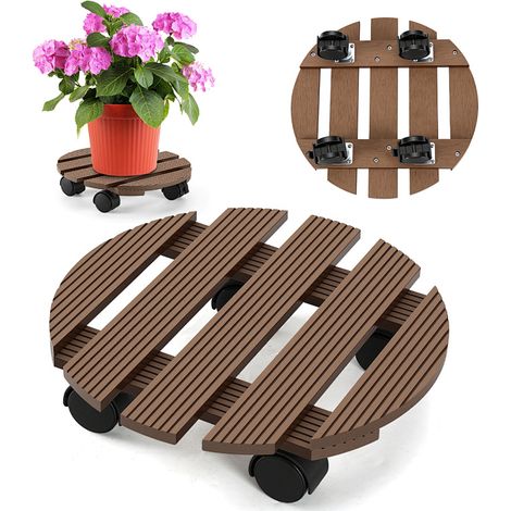 Jiubiaz Lote 2x Soporte para Plantas WPC Redondo 30 cm, Marrón, Ruedas para Macetas, Carro para Plantas, Capacidad 80 kg (1/5)