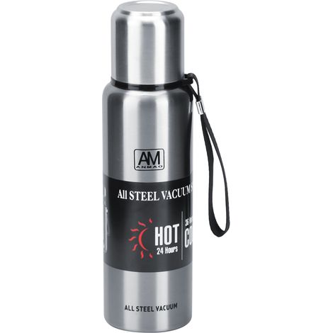 Bouteille isotherme portable en acier inoxydable de grande capacité (750 ml), argentée, idéale pour les voyages et les activités de plein air. (1/5)