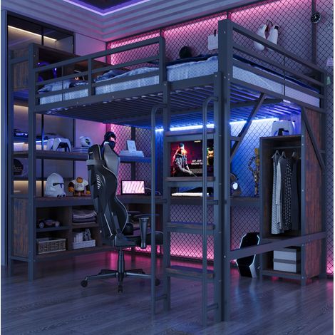 Lit mezzanine avec bureau 140 x 200 cm, LED, noir HAVRYA (1/5)