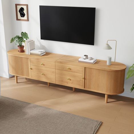Meuble TV arrondi 180x35 cm avec 2 portes coulissantes ondulées 3D, 4 tiroirs et pieds en bois, MDF et panneaux de particules, Bois naturel (1/5)