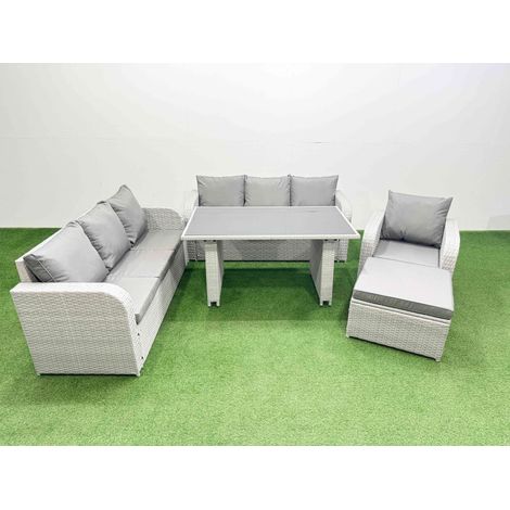 Fimous Rattan Garden Furniture Dining Set 8-seater Patio Rectangular Table Sofa Set with Big Stool Light Grey (1/4)