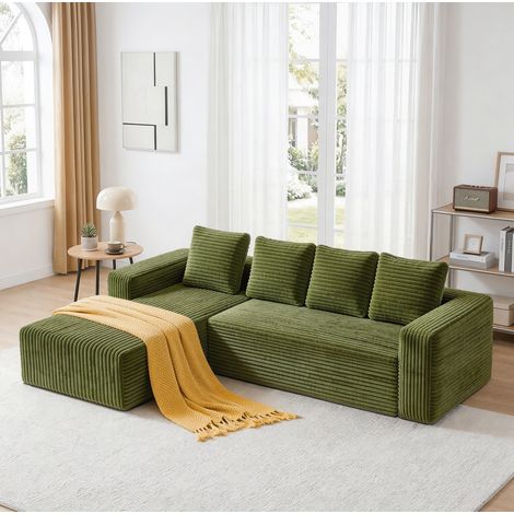 Canapé d'angle modulaire en L avec méridienne droite, assise profonde, velours côtelé vert REDOM (1/5)