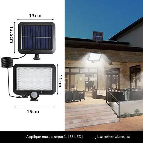 Projecteur solaire extérieur 56 LED, détecteur de mouvement, lampe murale séparée avec télécommande, lumière blanche pour jardin cour (1/2)