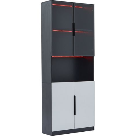 Moderne Vitrine mit Glastüren und LED, Vitrinenschrank Weiß/Schwarz 80 x 30 x 200 cm (1/5)