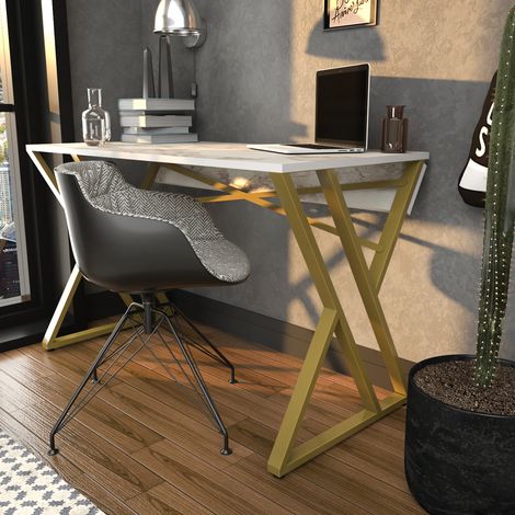 Decorotika Gyza Modern Metal Frame Computer Desk Writing Desk With Metal Legs- Blanc Marble Pattern And Doré(e) (1/5)