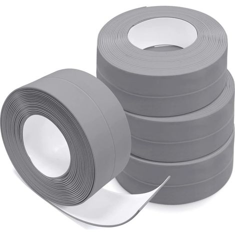 RGE 4 Rouleaux Bande D'étanchéité, Autocollante en PVC, Ruban de Calfeutrage pour évier de Cuisine, WC, Baignoire, Coin de Mur, Carrelage (Gris) (1/5)
