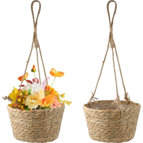Lot de 2 paniers à suspendre en jonc de mer naturel avec corde de jute pot de fleurs pliable macramé plantes grasses intérieure kaki (1/4)