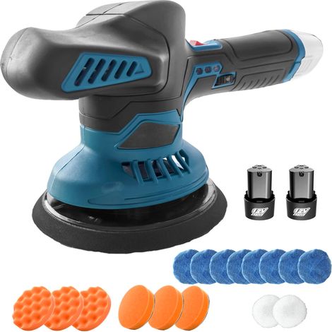 Polisseuse sans fil pour voiture avec 2 batteries 12 V 3000 mAh, kit de polisseuse 6 pouces, 6 vitesses variables, avec 16 accessoires pour le nettoyage, le cirage et le ponçage de la voiture.