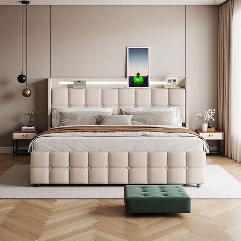 Letto matrimoniale 160x200 - Raccordo integrato - 4 cassetti - LED RGB - Design scandinavo moderno