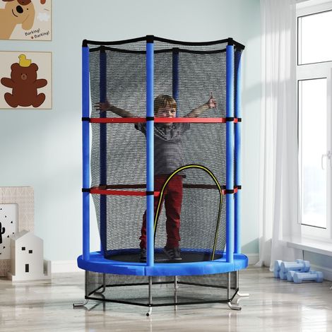Trampoline pour enfants de 3 à 6 ans avec filet de sécurité, 6 poteaux et entrées, en PE, plastique et métal, Ø 140 x 190 cm, bleu et noir (1/3)