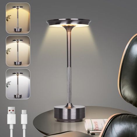 Kabellose LED-Tischlampe, wiederaufladbare Tischlampe mit 3 Farbtemperaturen, stufenlos dimmbar, Innen-/Außenbeleuchtung (Stahlgrau)