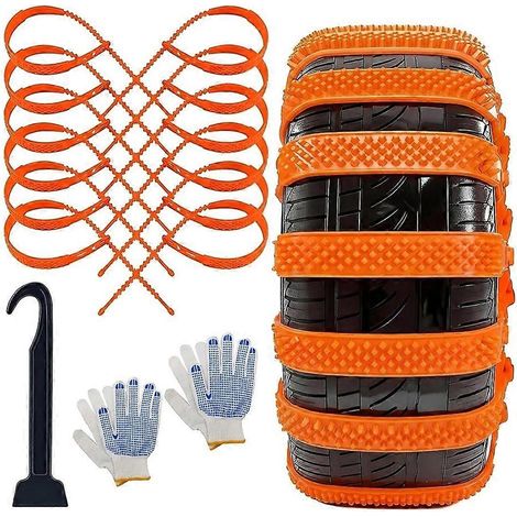 Set mit 12 extrem widerstandsfähigen, rutschfesten Schneeketten, inklusive 2 Handschuhen und 1 Haken, für Autoreifen im Notfall. (1/5)