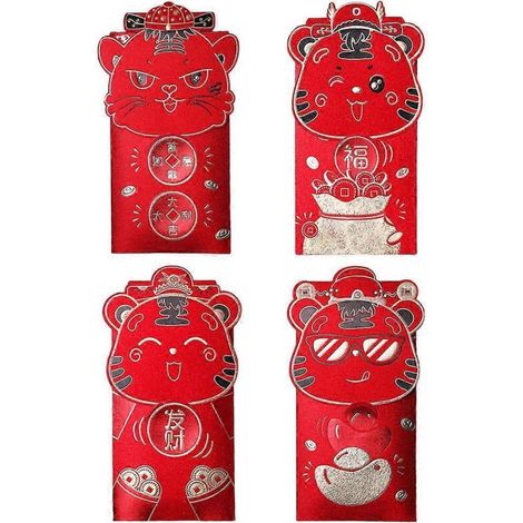 Enveloppes rouges porte-bonheur « Hong Bao » pour la fête du Printemps, lot de 4 avec motif de tigre – idéales pour les étrennes chinoises 2022