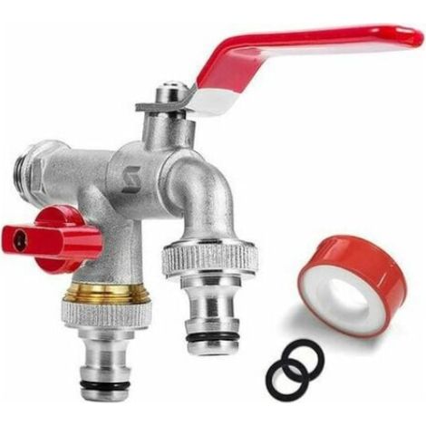 Robinet jardin double sortie, 2 raccords 3/4, entrée 1/2, joint d'étanchéité, rouge et argent, pour arrosage extérieur (1/2)