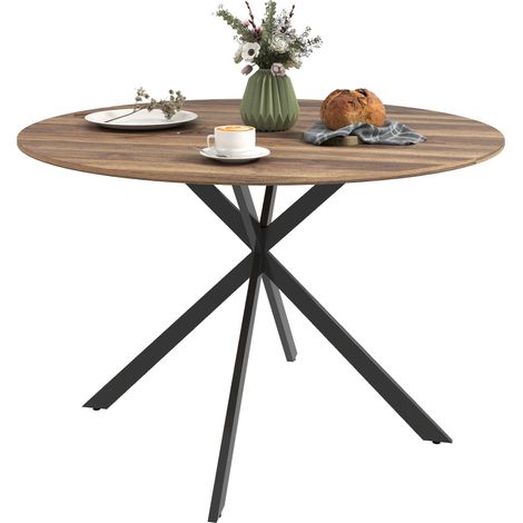 Table à manger ronde pour 4 personnes 120 cm style industriel avec plateau aspect bois, piètement croisé en acier, marron