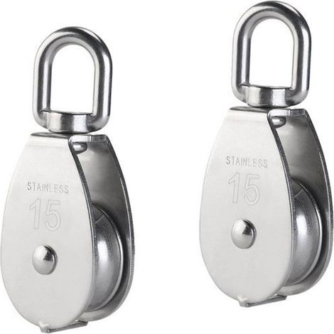 Lot 2 Poulies Simples Acier Inoxydable 304 M15 Argent Pour Câble Métallique Levage Remorquage Pliage 35kg Charge Max (1/5)
