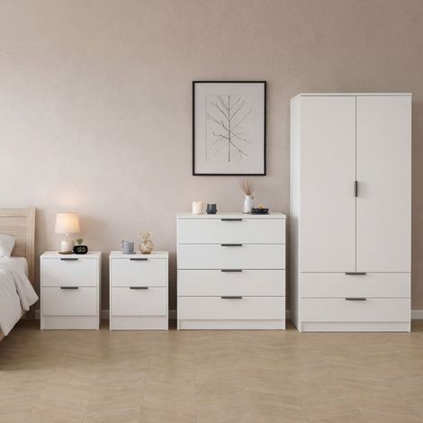 Trega 4pc Bedroom Furniture Set – 2x 2 Drawer Bedside, 4 Drawer Chest & 2 Door Wardrobe, White