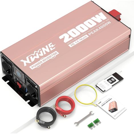 Convertisseur 12V 220V Pur Sinus 2000W Onduleur, Convertisseur de Tension avec 2 Prises EU, 1 USB-A, 1 USB-C, Écran LCD, Télécommande, Transformateur 12V 220V pour Voiture, Camping, Caravane (1/5)