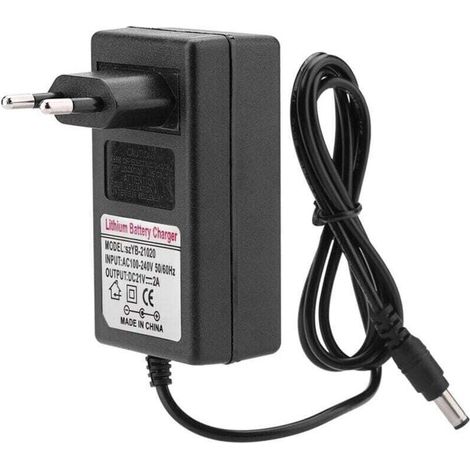 Adaptateur secteur pour batterie lithium-ion 21 V / 2 A – Entrée 100–240 V CA, prise européenne, sécurité intégrée