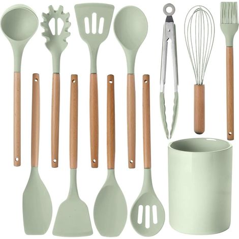 Silikon-Küchenhelfer-Set, 12-teiliges Set, Kochutensilien, Kochgeschirr mit Utensilienhalter, Pfannenwender, Löffel, Zange, Schneebesen, Backpinsel, Grün (1/5)