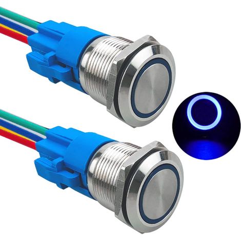 2 Pièces 19 mm Commutateur Bouton-Poussoir Momentané, 12V / 24V 5A Interrupteur à Bouton-Poussoir en Acier Inoxydable Étanche IP67, avec Prise Pré-Câblée (LED Bleu) (1/5)