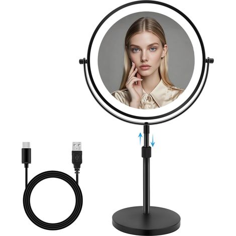 8.7" Miroir Maquillage Grossissant 1X et 10X Double Face avec lumière LED Rechargeable, Miroir Coméstique Hauteur Réglable Pivote à 360° avec 3 Réglages de Couleur(Noir)