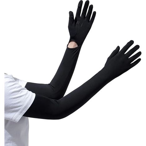 Guanti lunghi neri da donna e da uomo con protezione UV, a dita intere, protezioni rinfrescanti per le braccia, guanti estivi per la guida, guanti per sport all'aria aperta e ciclismo.