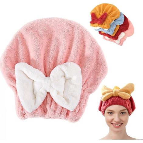 Serviette Cheveux Ultra-Absorbante - Rose - 26 x 27 cm - Cheveux en Microfibre pour Femmes - Serviette Douce à Séchage Rapide avec Nœud (1/5)