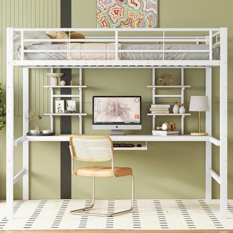 Lit mezzanine - KOMHTOM - 140x200 cm - Cadre métal - Bureau intégré - 2 étagères (1/5)
