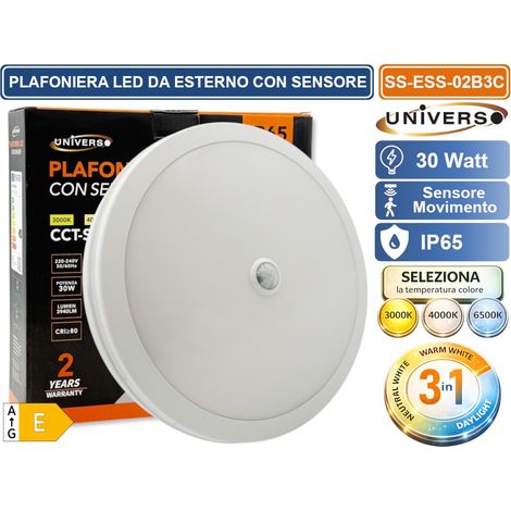 UNIVERSO SS-ESS-02B3C PLAFONIERA SMD LED CIRCOLARE 30W CON SENSORE DI MOVIMENTO E SWITCH CCT PER SELEZIONE LUCE 3000K/4000K/6500K IP65 DA ESTERNO (1/5)