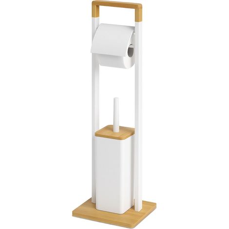 Set da bagno Relaxdays, in bambù, porta carta igienica, scopino con supporto, 76,5x28x18 cm, bianco (1/5)