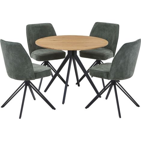 Aspen Light Oak Round Table & 4 Green Swivel Dining Chairs - MDF/Metal/Fabric - L69 x W46 x H92 cm