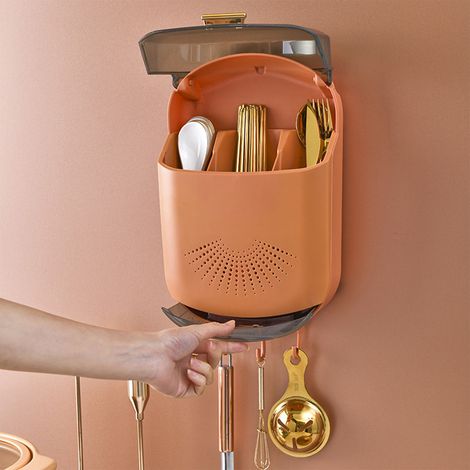 Porte-baguettes mural anti-poussière, 3 compartiments, grande capacité, boîte de rangement pour ustensiles avec couvercle, orange (1/5)