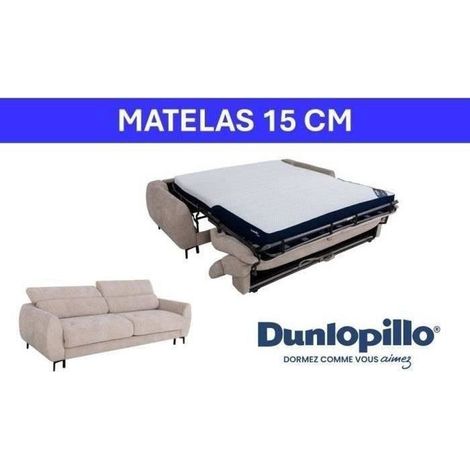 Canapé convertible express - 2 / 3 places - SAFIA - Tissu gauffré - Beige - Matelas 15 cm - 206 x 105 x 76/94 cm - DUNLOPILLO (1/5)