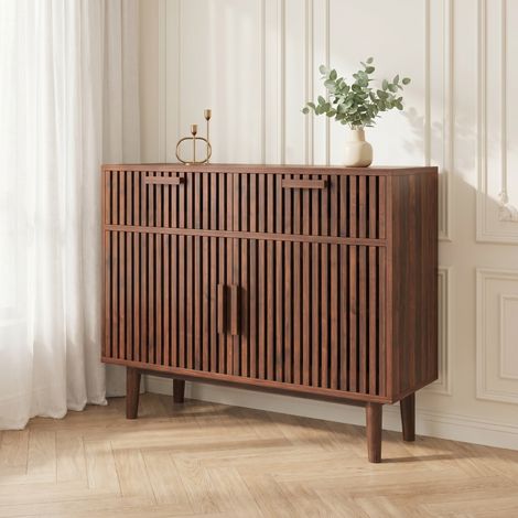 Buffet en Bois – 2 portes et 2 tiroirs, Pieds en bois massif, Meuble de Rangement à Grilles, Finition noyer (1/5)