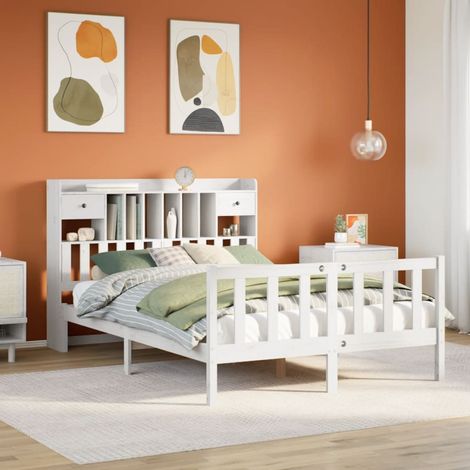 Lit bibliothèque sans matelas-Lit Adulte avec rangements blanc 160x200 cm bois pin massif 840984 (1/5)