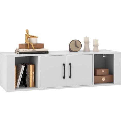 COSTWAY Meuble TV Suspendu Flottant à 2 Portes, Armoires de Télévision Suspendues avec Rangement, 2 Cubes, Console Multimédia TV Convient pour Salon, Chambre, Bureau (Blanc) (1/5)