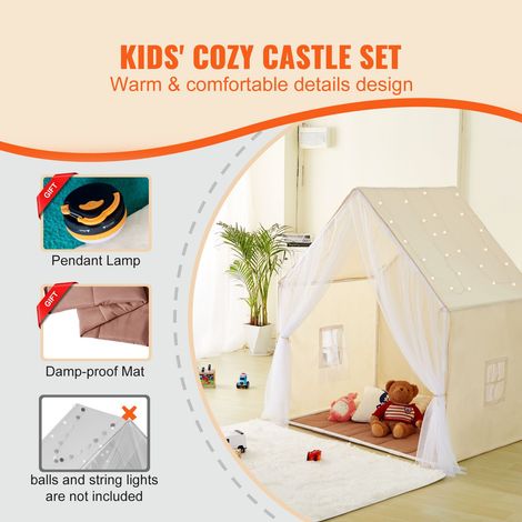 Tente de jeu enfant 1-5 ans, tipi avec tapis et lampe, tente avec fenêtres intérieur extérieur, abri garçons filles, tissu pêche 134x92x153 cm, beige (1/5)