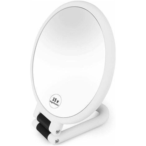 Specchietto con due superfici per il make-up: lato normale e lato con 15x ingrandimento. Specchio professionale da viaggio con manico regolabile pieghevole - bianco (1/5)