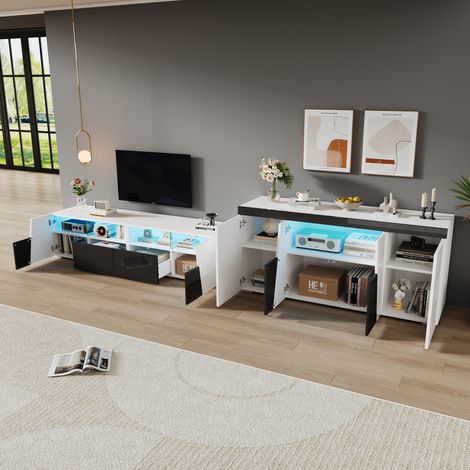 Meuble TV laqué brillant avec buffet bas, 180x38,5x45 cm, éclairage LED intégré, meuble de salon noir et blanc, 140x40x65 cm, rangement combiné moderne (1/5)