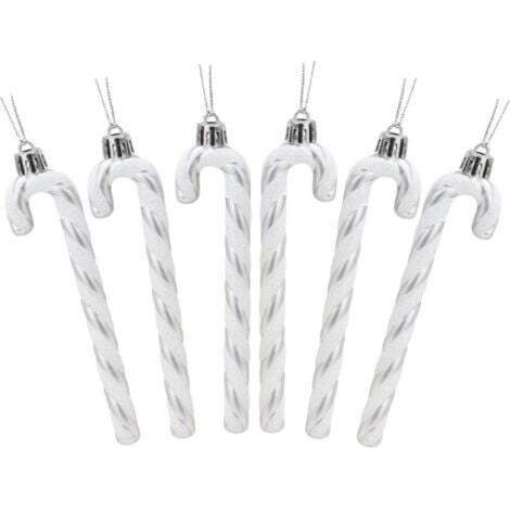 Confezione da 6 pezzi di decorazioni natalizie a forma di bastoncino di zucchero glitterato, da 6-13 cm (argento e bianco), per albero di Natale.