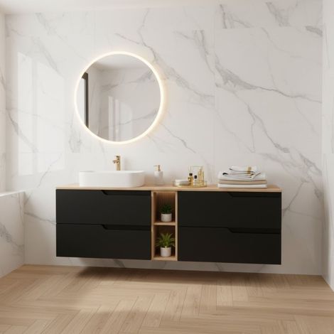 Meuble de salle de bain suspendu 140 cm, noir et brun, plan de toilette, 4 tiroirs, étagère intégrée, sans vasque – MODERN (1/5)
