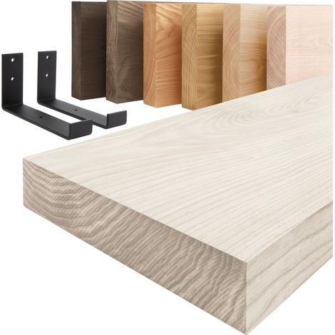 LAMO Manufaktur Étagère murale avec supports en J noirs  Etagere murale 60 cm pour salle de bain, couloir, cuisine style industriel  Couleur: blanc, Bord: droit  Qualité artisanale, bois massif