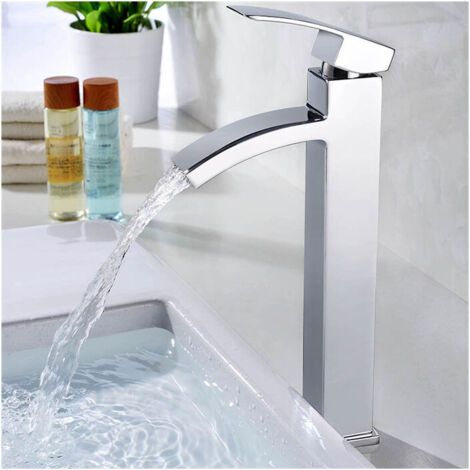 Lot de 2 robinets de salle de bain effet cascade, mitigeurs de lavabo à haut débit, robinets de salle de bain effet cascade, robinets en laiton au design moderne (1/4)
