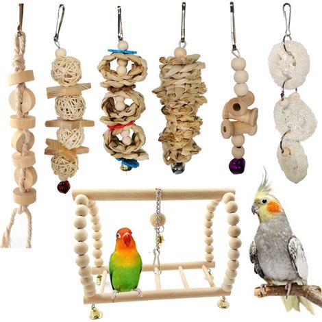 Jouets à mâcher pour oiseaux, Cage suspendue, balançoire, perroquet, jouet d'escalade debout, 7 pièces/ensemble (1/5)