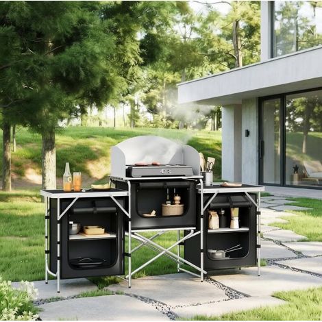 Estación de cocina de camping plegable, cocina exterior 175 x 40 x 110 cm, negra HAVRYA (1/5)