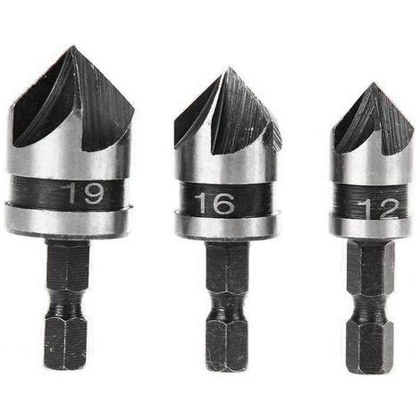 Set di 3 punte per smussatura a 90 gradi e 5 scanalature per legno e metallo, punta da trapano esagonale in acciaio al carbonio a cambio rapido da 1/4", utensile da taglio per smussatura del legno, 12 (1/5)