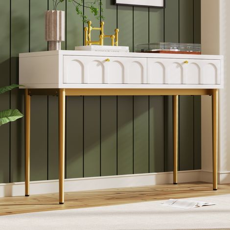 Coiffeuse 100x45x76.5 cm blanc crème en bois et métal avec 2 tiroirs et façades cintrées (1/5)